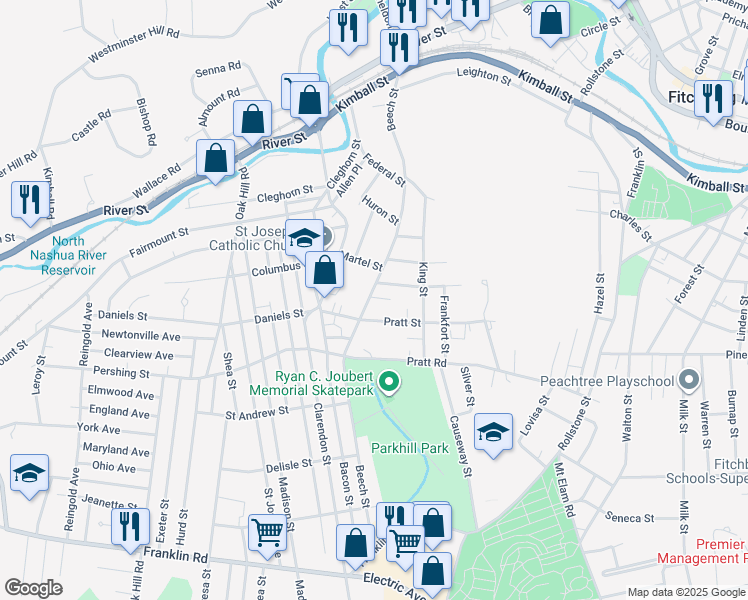 map of restaurants, bars, coffee shops, grocery stores, and more near 259 Beech Street in Fitchburg