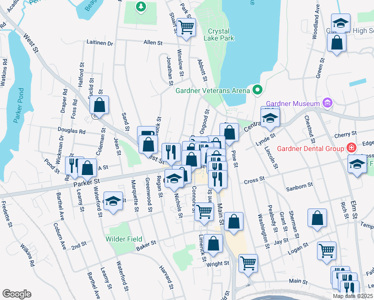 map of restaurants, bars, coffee shops, grocery stores, and more near 68 Graham Street in Gardner