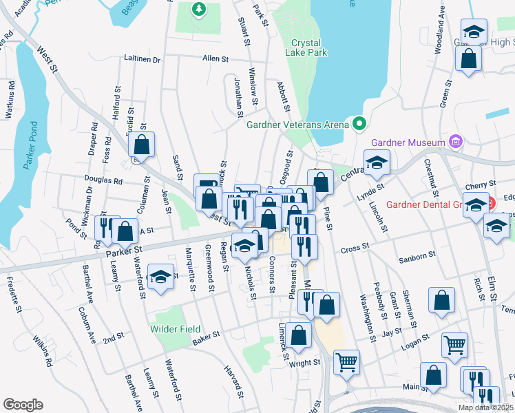 map of restaurants, bars, coffee shops, grocery stores, and more near 68 Graham Street in Gardner