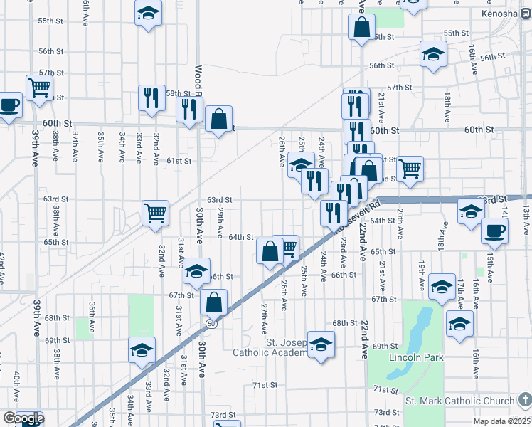 map of restaurants, bars, coffee shops, grocery stores, and more near 2625 63rd Street in Kenosha