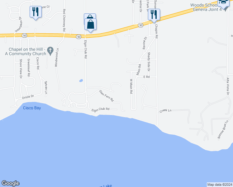 map of restaurants, bars, coffee shops, grocery stores, and more near W4019 Oakwood Drive in Lake Geneva