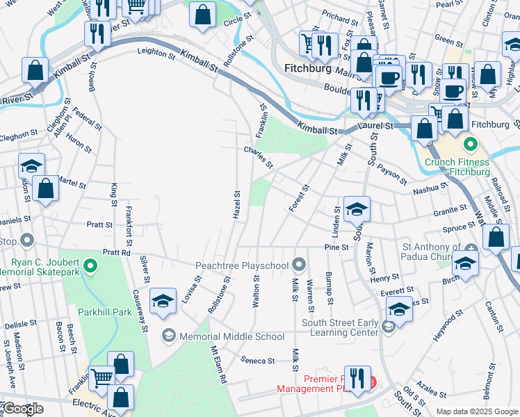 map of restaurants, bars, coffee shops, grocery stores, and more near 65 Walton Street in Fitchburg
