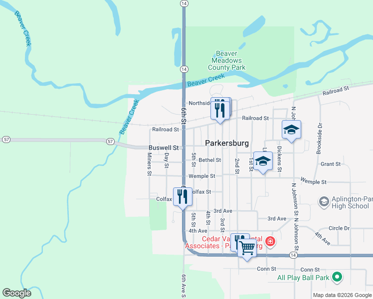 map of restaurants, bars, coffee shops, grocery stores, and more near 301-399 Coates St in Parkersburg