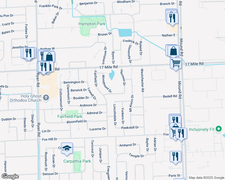 map of restaurants, bars, coffee shops, grocery stores, and more near 38630 Woodmont Drive in Sterling Heights