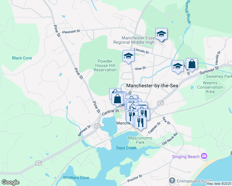 map of restaurants, bars, coffee shops, grocery stores, and more near 3 Powder House Lane in Manchester-by-the-Sea