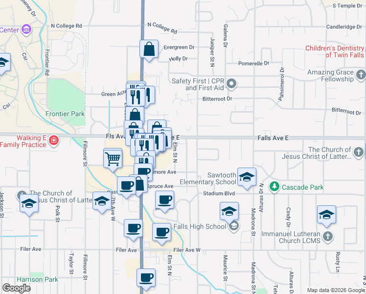 map of restaurants, bars, coffee shops, grocery stores, and more near 1426 Falls Avenue in Twin Falls