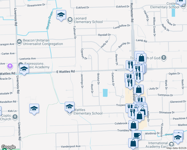 map of restaurants, bars, coffee shops, grocery stores, and more near 582 East Wattles Road in Troy