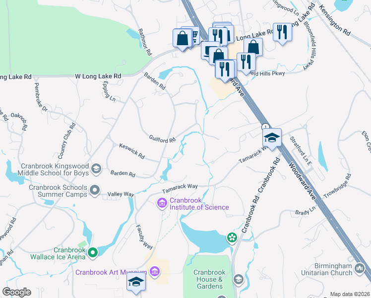 map of restaurants, bars, coffee shops, grocery stores, and more near 289 Barden Road in Bloomfield Hills