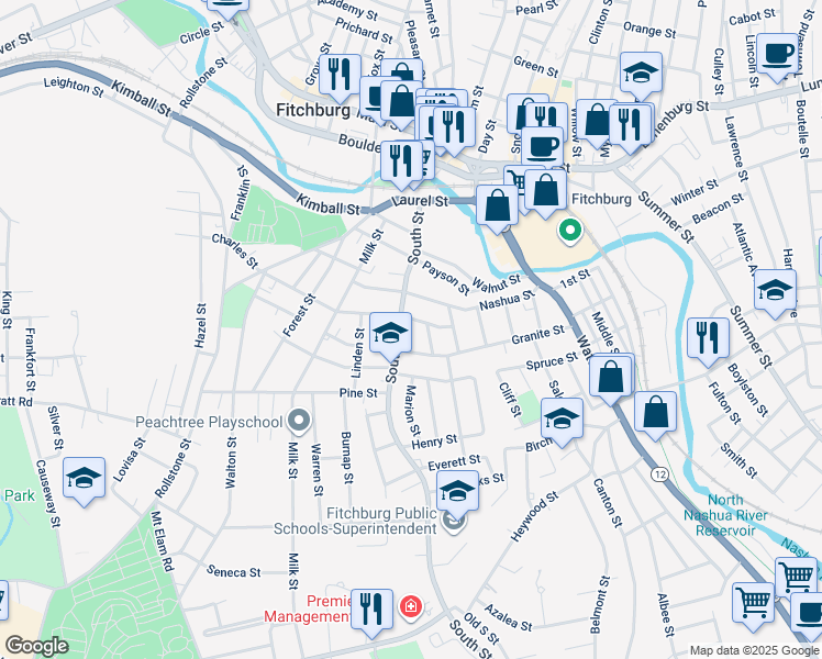 map of restaurants, bars, coffee shops, grocery stores, and more near 68 Charles Street in Fitchburg