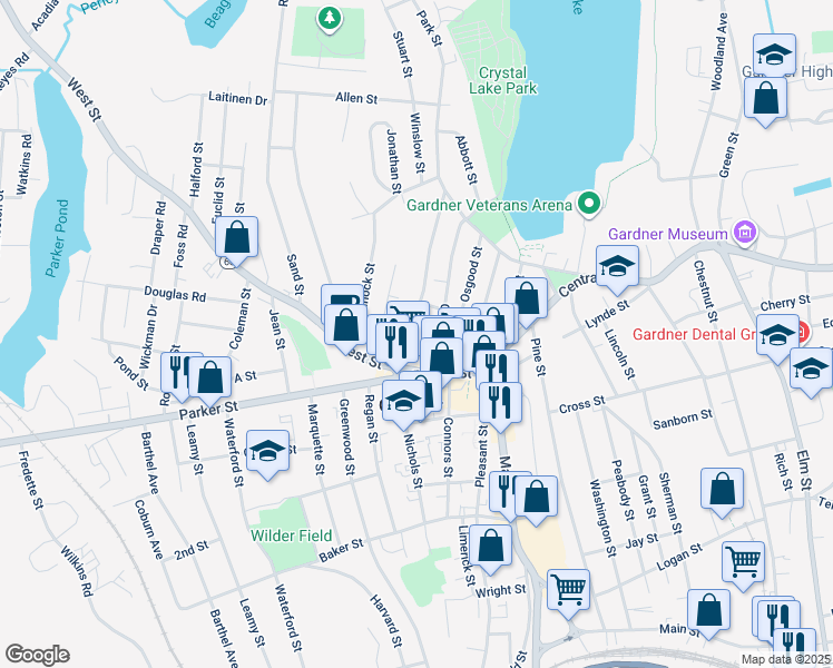 map of restaurants, bars, coffee shops, grocery stores, and more near 23 Oriole Street in Gardner