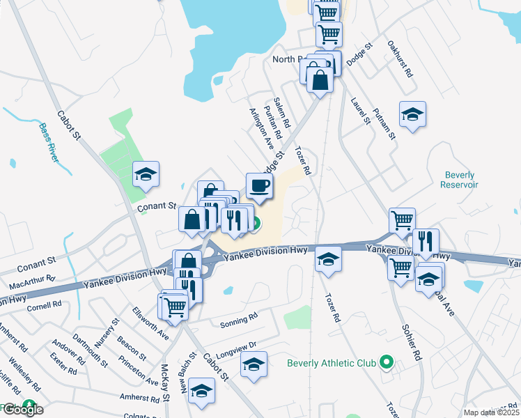 map of restaurants, bars, coffee shops, grocery stores, and more near 71 Dodge Street in Beverly