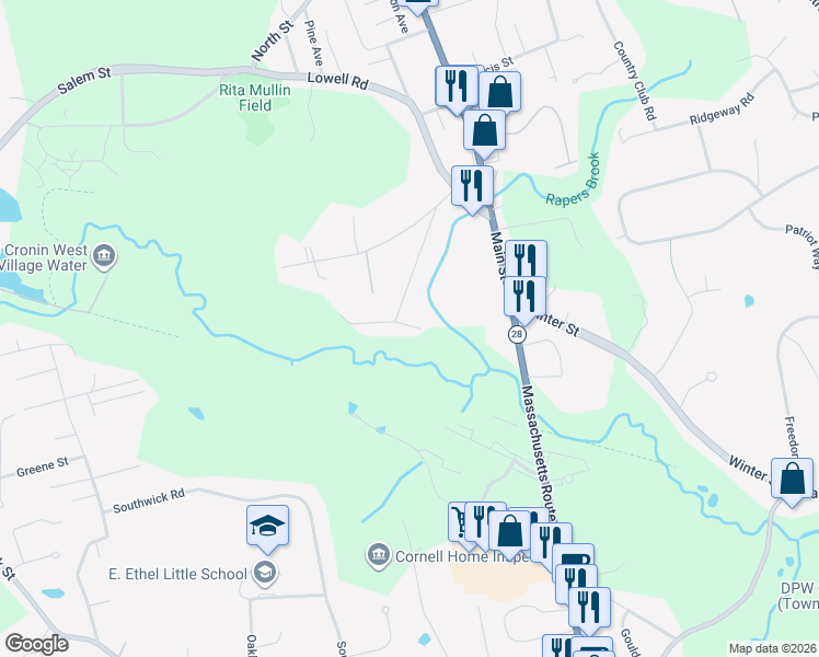 map of restaurants, bars, coffee shops, grocery stores, and more near 3 Leland Road in North Reading