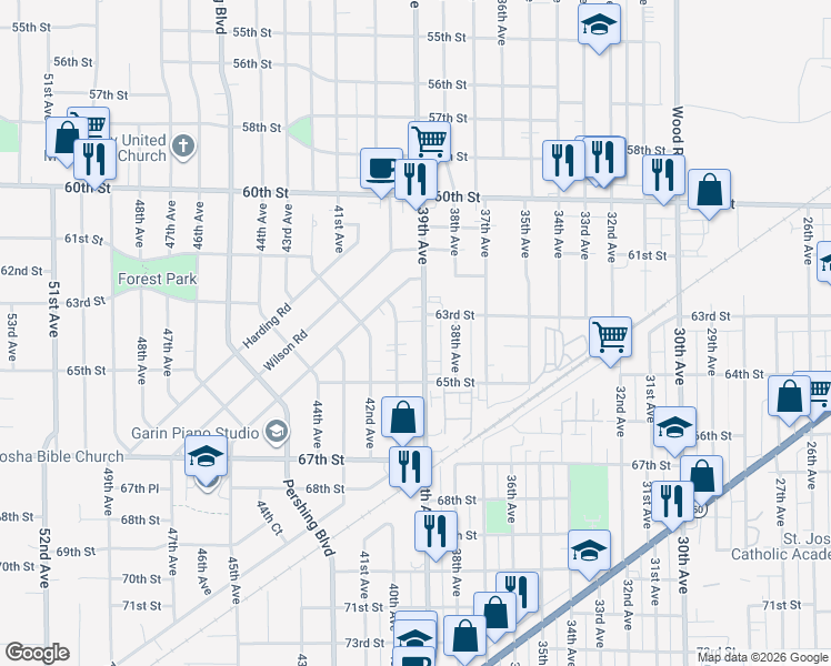 map of restaurants, bars, coffee shops, grocery stores, and more near 6301 39th Avenue in Kenosha