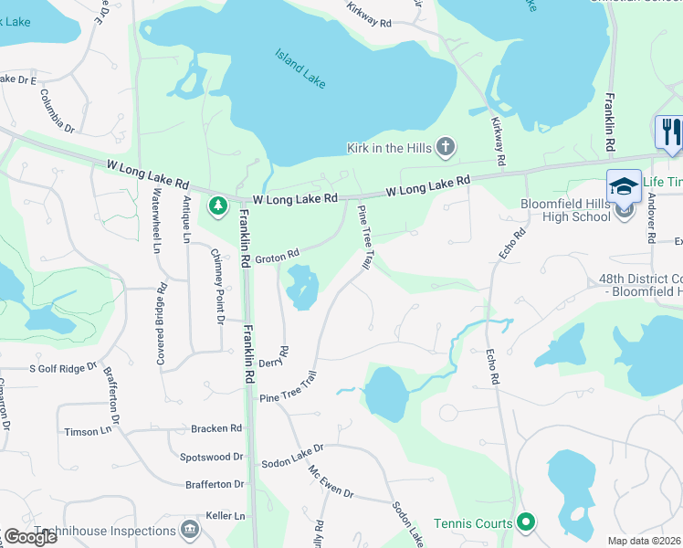 map of restaurants, bars, coffee shops, grocery stores, and more near 4294 Pine Tree Trail in Bloomfield Hills