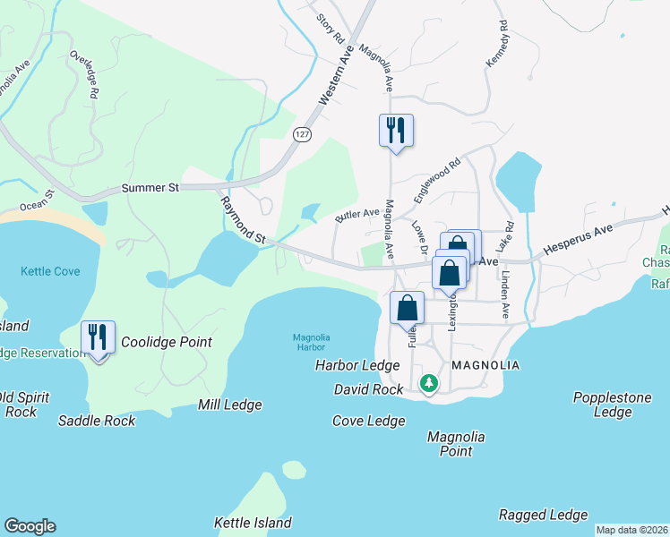 map of restaurants, bars, coffee shops, grocery stores, and more near 42 Raymond Street in Manchester-by-the-Sea