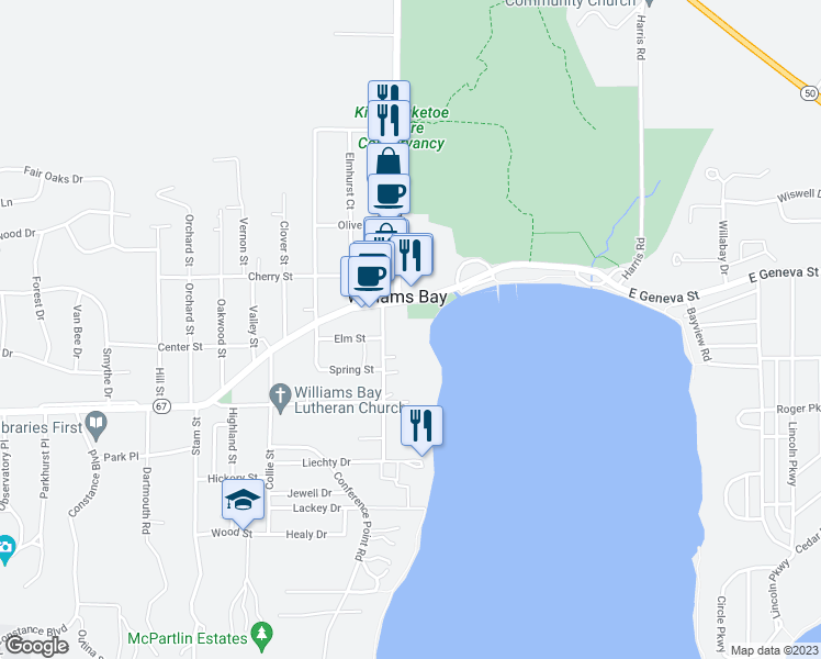 map of restaurants, bars, coffee shops, grocery stores, and more near in Williams Bay
