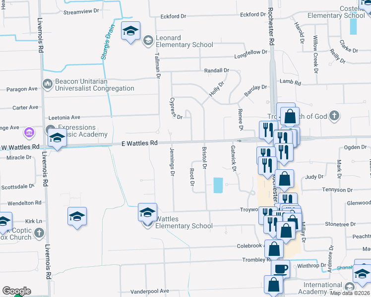 map of restaurants, bars, coffee shops, grocery stores, and more near 582 East Wattles Road in Troy