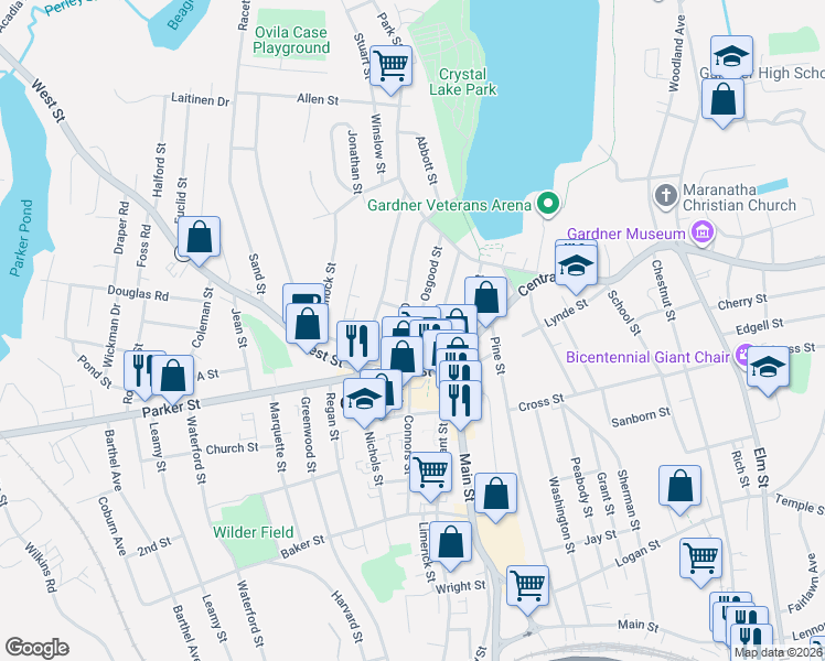 map of restaurants, bars, coffee shops, grocery stores, and more near 68 Graham Street in Gardner