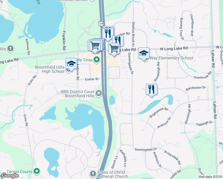 map of restaurants, bars, coffee shops, grocery stores, and more near 941 Pine Thistle Lane in Bloomfield Hills