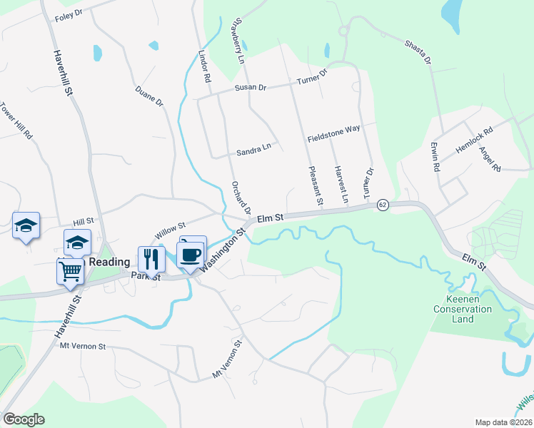 map of restaurants, bars, coffee shops, grocery stores, and more near 245 Elm Street in North Reading