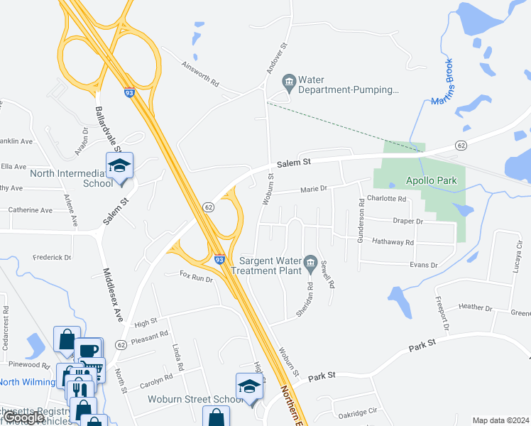 map of restaurants, bars, coffee shops, grocery stores, and more near 98 Woburn Street in Wilmington