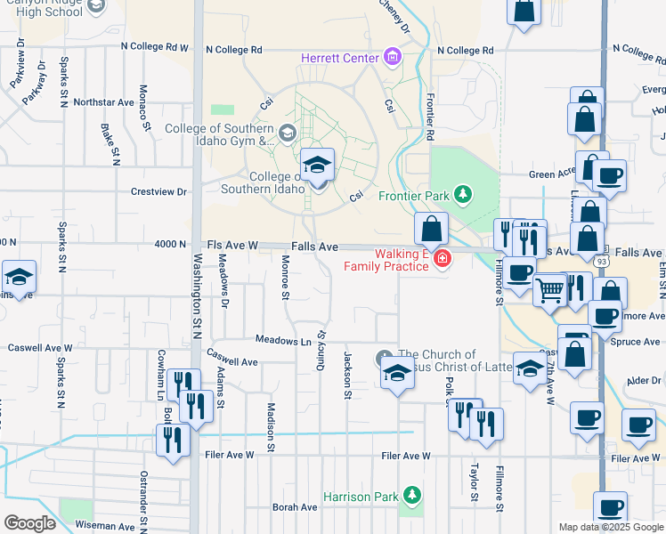 map of restaurants, bars, coffee shops, grocery stores, and more near 376 Falls Avenue in Twin Falls