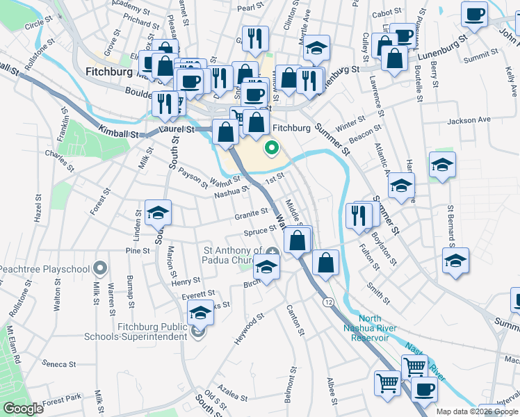map of restaurants, bars, coffee shops, grocery stores, and more near 243 Water Street in Fitchburg