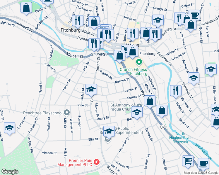 map of restaurants, bars, coffee shops, grocery stores, and more near 3 Portland Street in Fitchburg