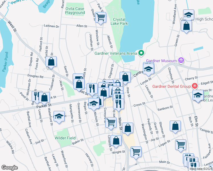 map of restaurants, bars, coffee shops, grocery stores, and more near 68 Graham Street in Gardner