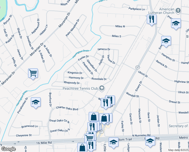 map of restaurants, bars, coffee shops, grocery stores, and more near 20681 Piedmont Drive in Clinton Township