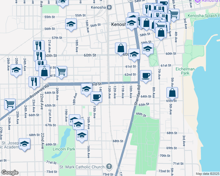 map of restaurants, bars, coffee shops, grocery stores, and more near 6304 12th Avenue in Kenosha