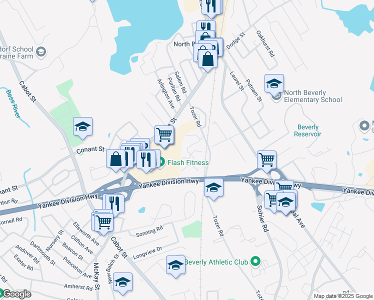map of restaurants, bars, coffee shops, grocery stores, and more near 7 Beverly Commons Drive in Beverly