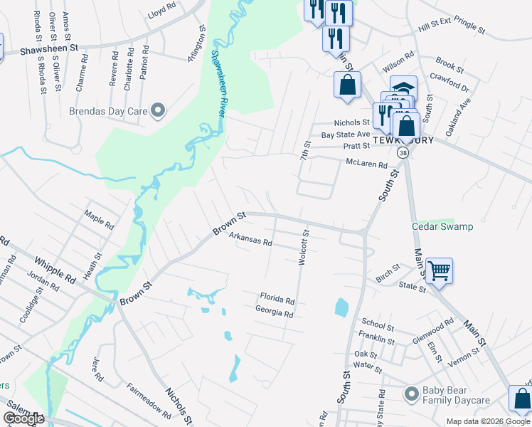 map of restaurants, bars, coffee shops, grocery stores, and more near 3 Miles Road in Tewksbury