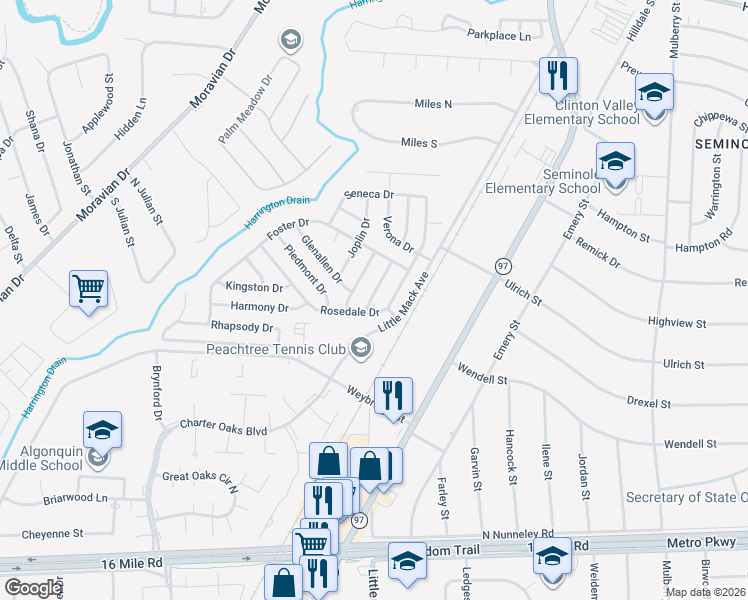 map of restaurants, bars, coffee shops, grocery stores, and more near 37779 Culver Drive in Clinton Township