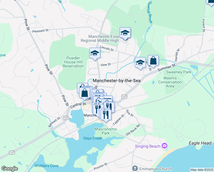 map of restaurants, bars, coffee shops, grocery stores, and more near 18 Desmond Avenue in Manchester-by-the-Sea
