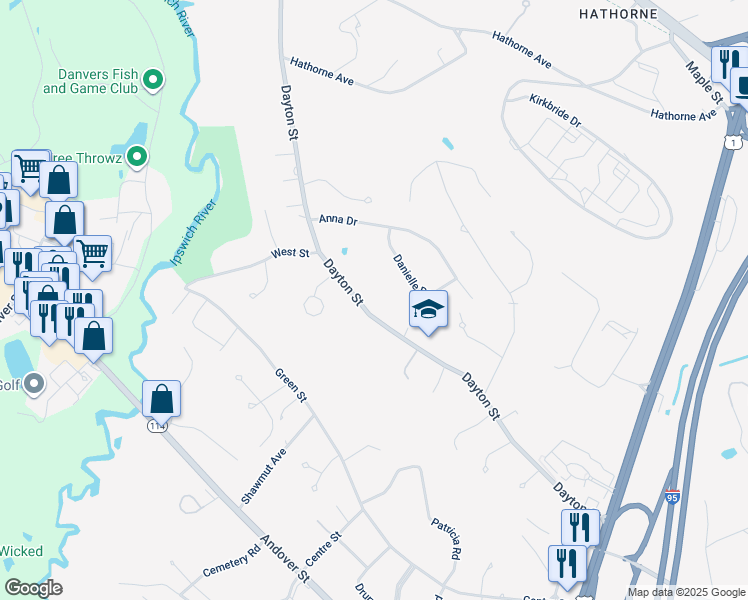 map of restaurants, bars, coffee shops, grocery stores, and more near 147 Dayton Street in Danvers