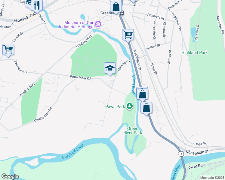 map of restaurants, bars, coffee shops, grocery stores, and more near 53 Petty Plain Road in Greenfield
