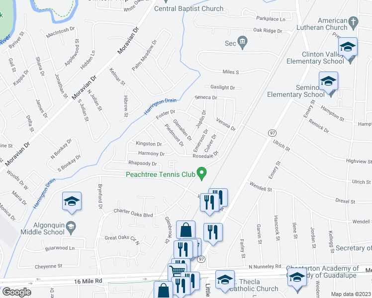 map of restaurants, bars, coffee shops, grocery stores, and more near 20681 Piedmont Drive in Clinton Township