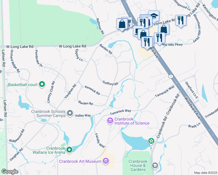 map of restaurants, bars, coffee shops, grocery stores, and more near 219 Guilford Road in Bloomfield Hills