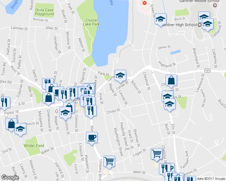 map of restaurants, bars, coffee shops, grocery stores, and more near 26 Maple Street in Gardner
