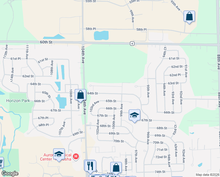 map of restaurants, bars, coffee shops, grocery stores, and more near 10007 63rd Street in Kenosha