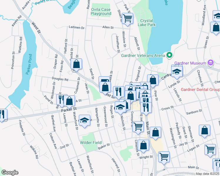 map of restaurants, bars, coffee shops, grocery stores, and more near 23 Monadnock Street in Gardner