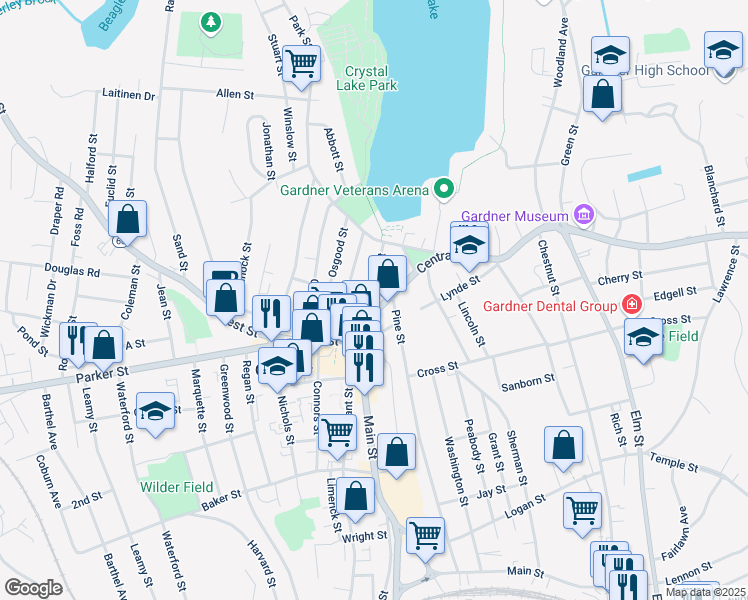 map of restaurants, bars, coffee shops, grocery stores, and more near 2 Lake Street in Gardner