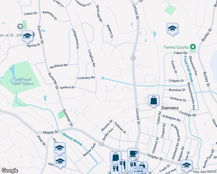 map of restaurants, bars, coffee shops, grocery stores, and more near 7 Tomahawk Lane in Danvers