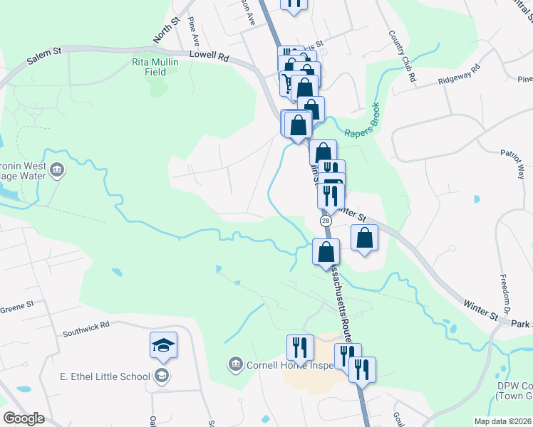 map of restaurants, bars, coffee shops, grocery stores, and more near 3 Leland Road in North Reading