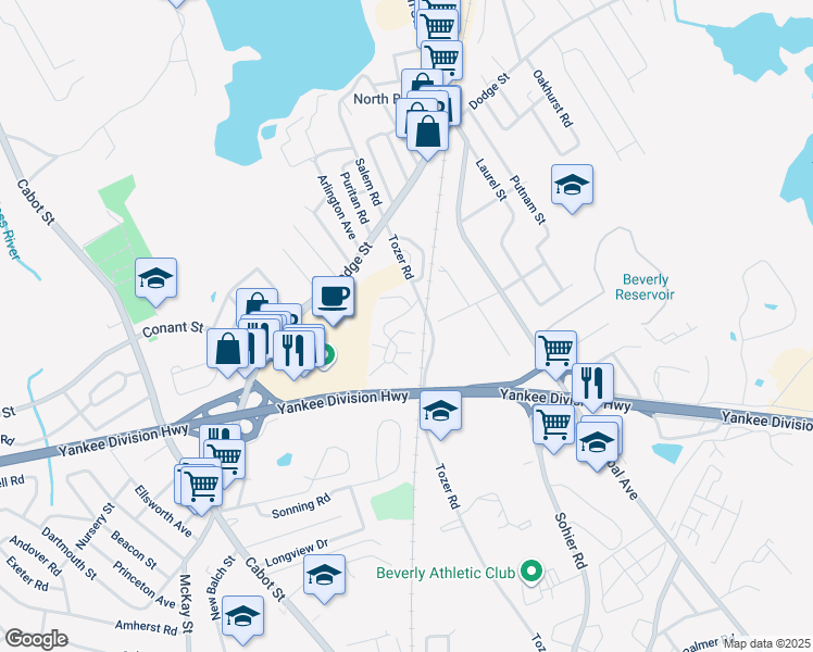 map of restaurants, bars, coffee shops, grocery stores, and more near 0 Beverly Commons Drive in Beverly