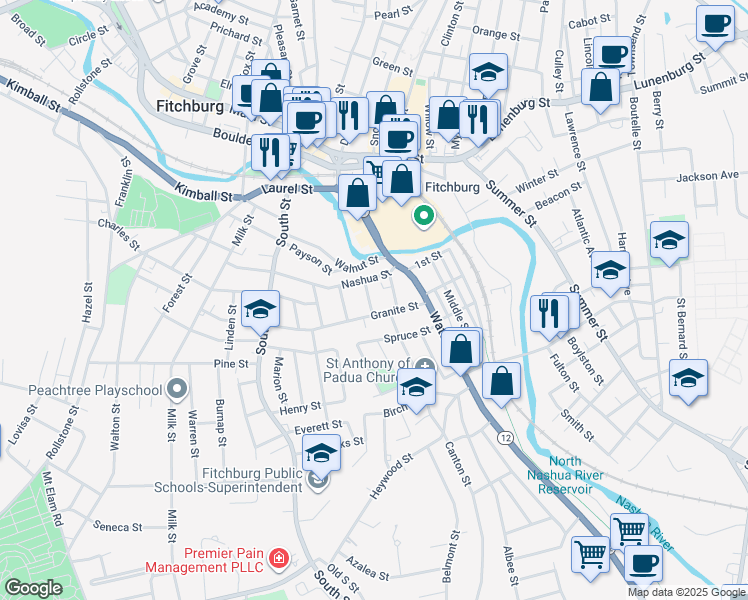 map of restaurants, bars, coffee shops, grocery stores, and more near 10 Washington Street in Fitchburg