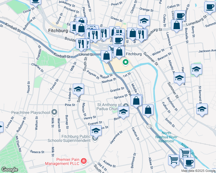 map of restaurants, bars, coffee shops, grocery stores, and more near 10 Washington Street in Fitchburg