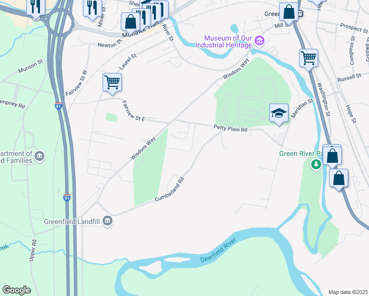 map of restaurants, bars, coffee shops, grocery stores, and more near 19 Bradford Drive in Greenfield