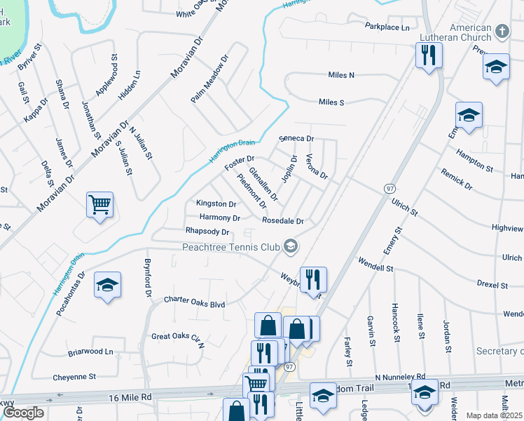 map of restaurants, bars, coffee shops, grocery stores, and more near 20681 Piedmont Drive in Clinton Township